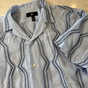 BR Banana‎ Republic Resort 100% Linen Shirt Blue Embroidery Camp Collar Men LG